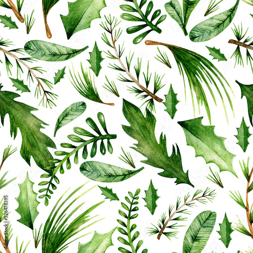 Seamless watercolor winter pattern. Hand drawn different green Christmas tree branches, coniferous branches and holly leaves on a white background. New Year, Merry Christmas. Design for wrapping paper