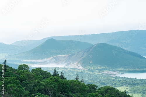 natural landscape of Kunashir island, view of the Golovnin volcano caldera with hot lakes