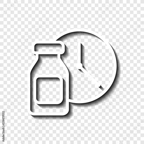 Vial bottle, vaccination time simple icon vector. Flat design. White with shadow on transparent grid.ai
