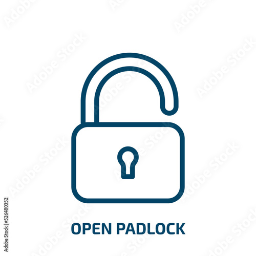 open padlock icon from startup stategy and success collection. Thin linear open padlock, password, safety outline icon isolated on white background. Line vector open padlock sign, symbol for web and