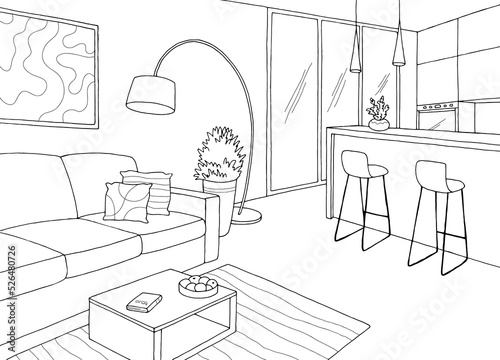 Living room graphic black white interior sketch illustration vector 