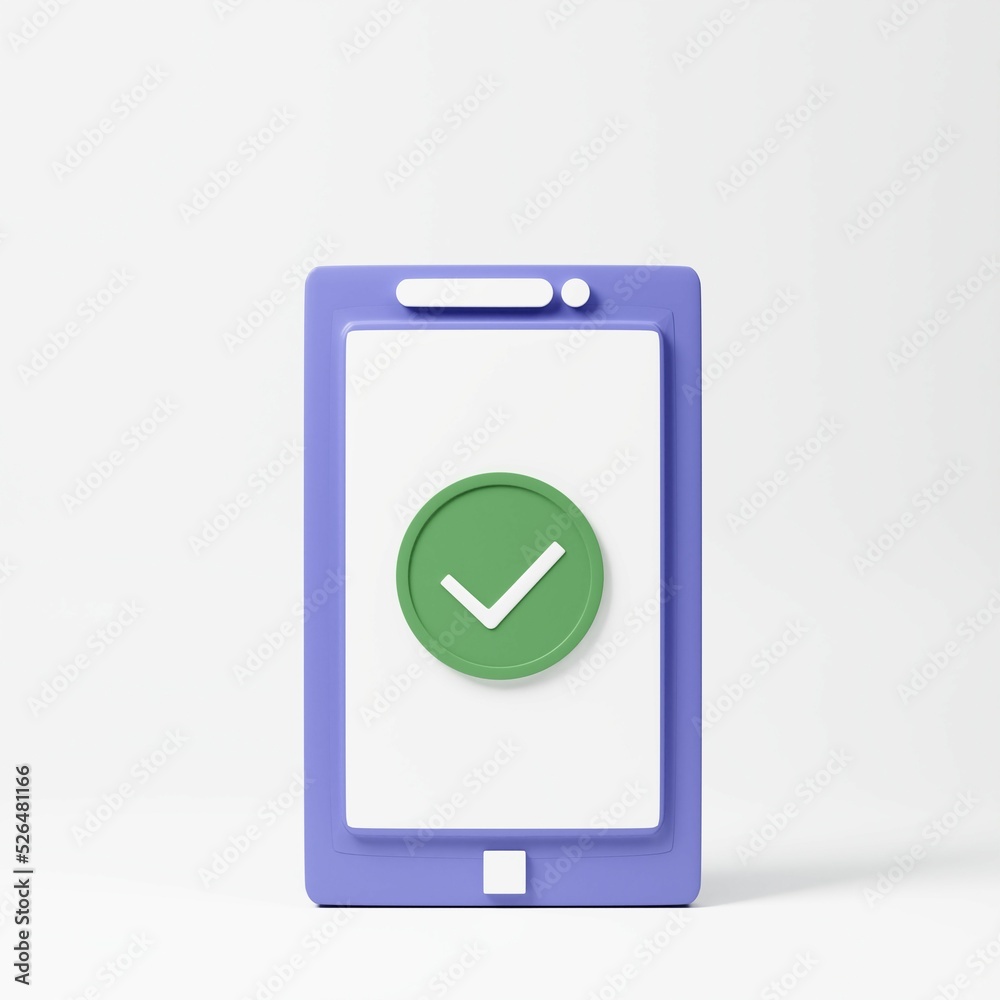 Smartphone with check sign. 3d rendering icon. Cartoon minimal style. Smartphone with check sign. 3d rendering icon. Cartoon minimal style.