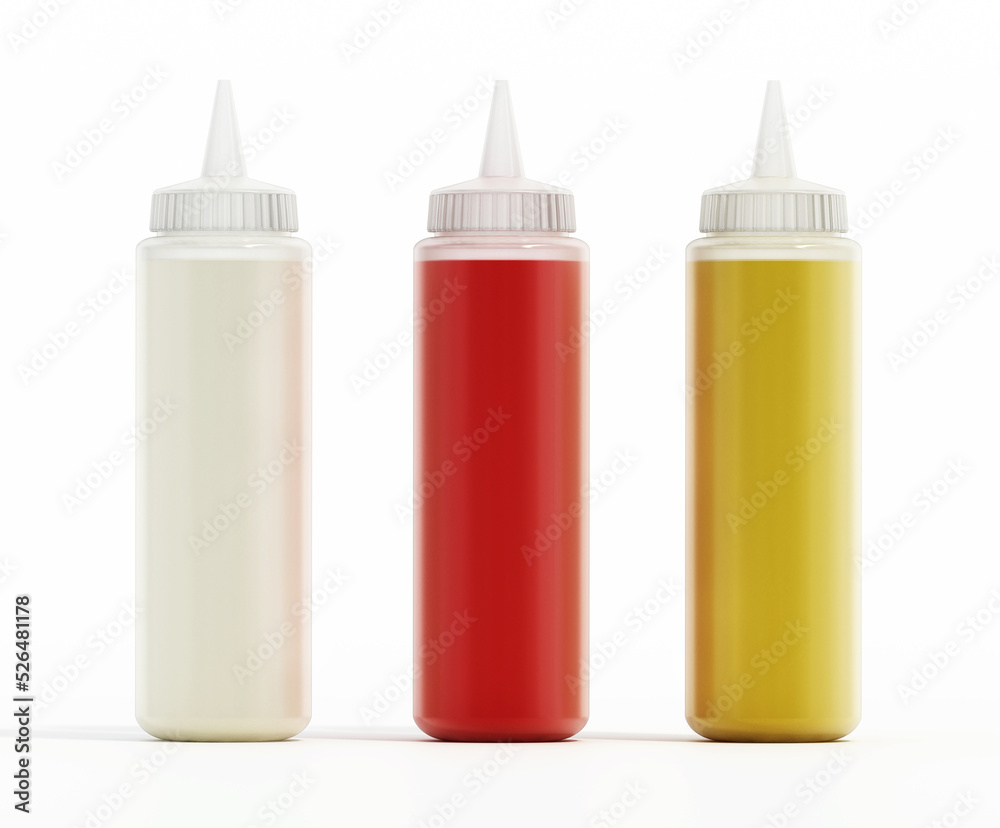 Various sauces inside plastic food squeeze bottles. 3D illustration