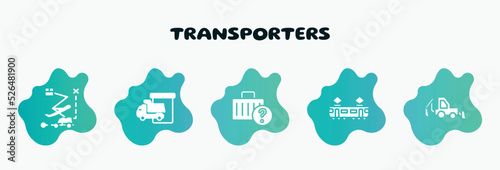transporters filled icons set. flat icons such as loading/unloading area, lost and found, tram side view, backhoe, aerial lift icon collection. can be used web and mobile.