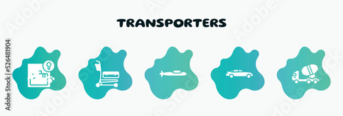 transporters filled icons set. flat icons such as airport cart, submarine side view, car side view, concrete mixer truck side view, pickup truck icon collection. can be used web and mobile.