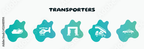 transporters filled icons set. flat icons such as helicopter side view, carwash hine, airport truck, police car side view, car trailer icon collection. can be used web and mobile.