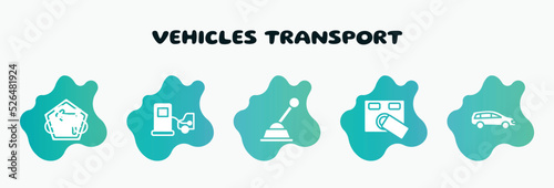 vehicles transport filled icons set. flat icons such as refilling, gearshift, access control, station wagon, electric bike icon collection. can be used web and mobile.