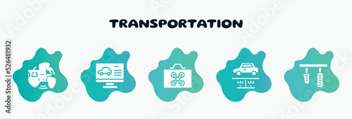 transportation filled icons set. flat icons such as computer test, drone case, undercarriage, brake pedal, rv icon collection. can be used web and mobile.