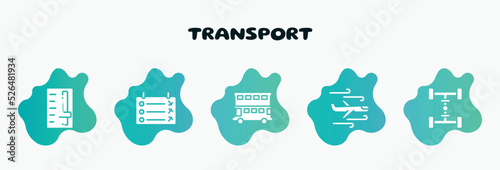transport filled icons set. flat icons such as departure, double decker bus, turbulence, 4wd, gearbox icon collection. can be used web and mobile.