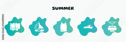 summer filled icons set. flat icons such as yatch boat, sleeveless, ocean, funicular, diving fins icon collection. can be used web and mobile.