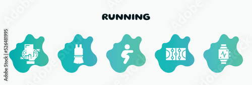 running filled icons set. flat icons such as sport wear, squats, ice court, pulsometer, race track icon collection. can be used web and mobile.
