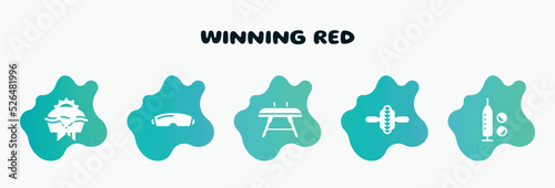 winning red filled icons set. flat icons such as goggle, vaulting horse, electric unicycle, doping, first place icon collection. can be used web and mobile.
