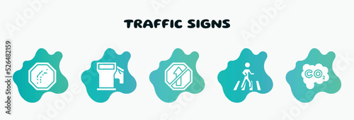 traffic signs filled icons set. flat icons such as fuel filling, no straight, crossing, carbon monoxide, right reverse bend icon collection. can be used web and mobile.