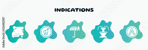 indications filled icons set. flat icons such as throw to the bin, rain umbrella, fountain, any solvent, car rental icon collection. can be used web and mobile.