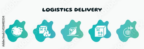 logistics delivery filled icons set. flat icons such as flammable box, do not tilt, cardboard box with fragile items, airplane around earth, 24 hours icon collection. can be used web and mobile.