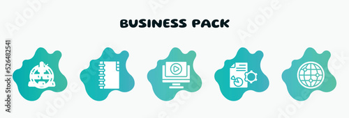 business pack filled icons set. flat icons such as big portfolio, play video, seo report, big globe, power variant icon collection. can be used web and mobile.