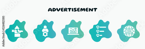 advertisement filled icons set. flat icons such as administrator, on, voting results, cdn, aerial advertising icon collection. can be used web and mobile.