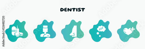 dentist filled icons set. flat icons such as medical doctor specialist, male e shape of a, zzz sleep, heart with a plus, anesthesia dentist injection diagonal icon collection. can be used web and