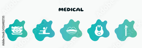 medical filled icons set. flat icons such as stretch, sil, baby bib, pike pole, eyesight icon collection. can be used web and mobile.