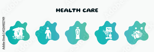 health care filled icons set. flat icons such as injured male, baby powder, ventilator, washing hand, medical results icon collection. can be used web and mobile.
