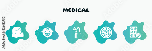 medical filled icons set. flat icons such as baby boy, breast pump, microscopic, antibiotic, breath icon collection. can be used web and mobile.