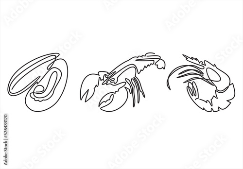 Seafood set in one line art style. Lobster, shrimp, oysters single line drawing. Restaurant menu icons, vector illustration