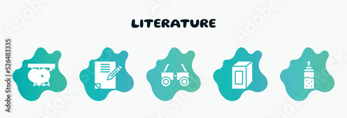 literature filled icons set. flat icons such as homework, testing glasses, juice box, feeder, treason icon collection. can be used web and mobile.