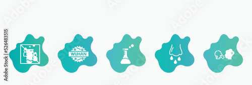 filled icons set. flat icons such as wuhan, flask, runny e, virus transmission, test tube icon collection. can be used web and mobile.