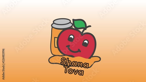 Cute cartoon apple with honey jar and Shana Tova greeting