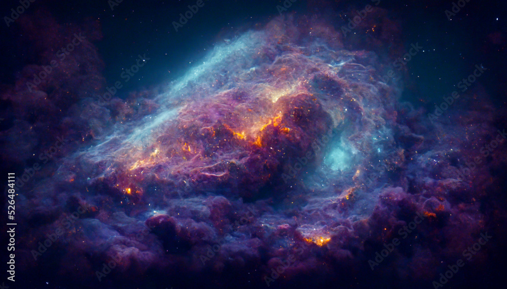 Glowing huge nebula with young stars. Space background. Incredibly beautiful galaxy in outer space. Nebula night starry sky in rainbow colors. Multicolor outer space. Digital art