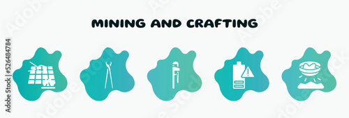 mining and crafting filled icons set. flat icons such as pincers, hand tool, empty battery, panning, furnace icon collection. can be used web and mobile.