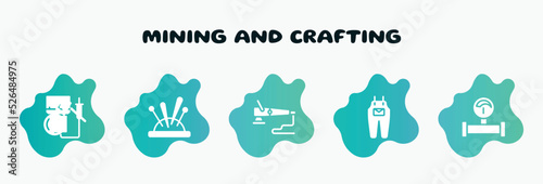mining and crafting filled icons set. flat icons such as needle holder, polisher, jumpsuit, gas pipe, woodcutter icon collection. can be used web and mobile.