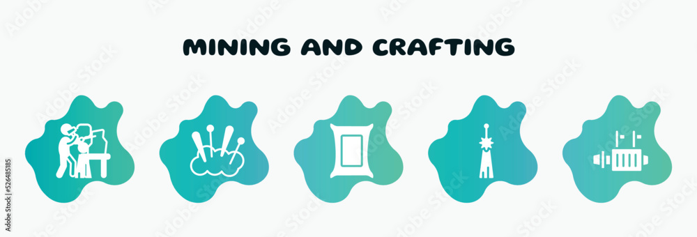 mining and crafting filled icons set. flat icons such as cushion, cement, norigae, starter, sculptor icon collection. can be used web and mobile. mining and crafting filled icons set. flat icons such as cushion, cement, norigae, starter, sculptor icon collection. can be used web and mobile.