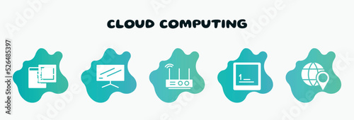 cloud computing filled icons set. flat icons such as flatscreen tv, wireless lan router device, keyboard key 1, placeholder on a globe, link on internet icon collection. can be used web and mobile.