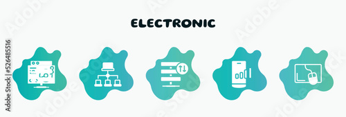 electronic filled icons set. flat icons such as site map, server traffic, mobile network, mouse pad, lp player icon collection. can be used web and mobile.