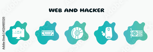 web and hacker filled icons set. flat icons such as port, blu ray, wireless mouse, gpu, crime icon collection. can be used web and mobile.