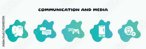 communication and media filled icons set. flat icons such as chat bubble with ellipsis, video game console ps4, smartphone with three buttons, add contact, icon collection. can be used web and