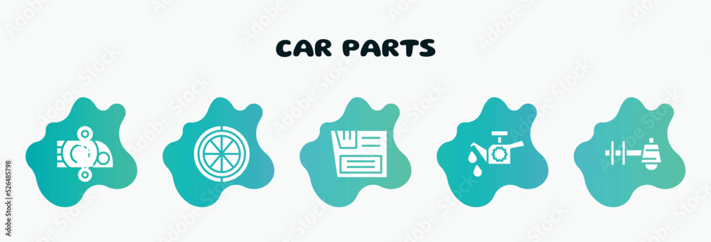 car parts filled icons set. flat icons such as car spare wheel, car glove compartment, oil pump, sump, suspension icon collection. can be used web and mobile.