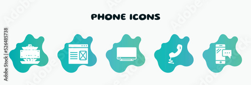 phone icons filled icons set. flat icons such as landing page, tv screen, telephone auricular with cable, smartphone message, tower transmissions icon collection. can be used web and mobile.