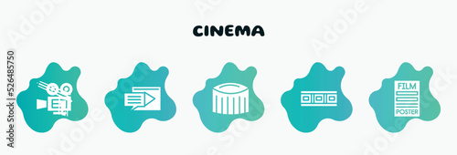 cinema filled icons set. flat icons such as subtitle, zoetrope, filmstrip, film poster, hitman icon collection. can be used web and mobile.