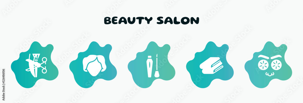 beauty salon filled icons set. flat icons such as woman face, liquid lipstick, folded towel, cucumber slices on face, inc icon collection. can be used web and mobile.