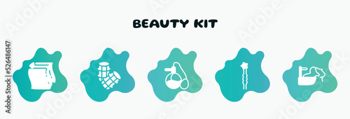 beauty kit filled icons set. flat icons such as hair rollers, parfum, two hairpins, hair washing, cleaning wipes icon collection. can be used web and mobile.
