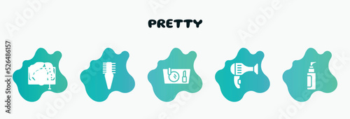 pretty filled icons set. flat icons such as two side comb, makeup purse, hairdryer facing left, liquid makeup, eye shadow pallette icon collection. can be used web and mobile.
