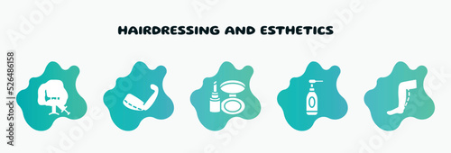 hairdressing and esthetics filled icons set. flat icons such as brachioplasty, make up kit, cleansing, calf, hairdresser chair icon collection. can be used web and mobile.