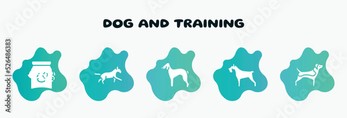 dog and training filled icons set. flat icons such as bulterrier, bedlington terrier, miniature schnauzer, beagle, dog sleeping icon collection. can be used web and mobile.
