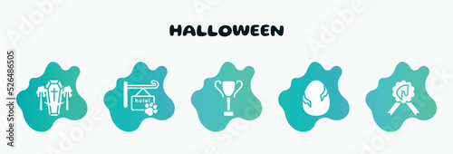 halloween filled icons set. flat icons such as pet hotel, trophy cup, egg with a crack, horse race recognition ribbon, coffin icon collection. can be used web and mobile.