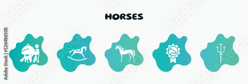horses filled icons set. flat icons such as rocker horse, horse standing, horse races badge, trident, hat for a jockey icon collection. can be used web and mobile.
