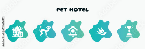 pet hotel filled icons set. flat icons such as black cat, birds house, black bird, horses races trophy, hotel building icon collection. can be used web and mobile.