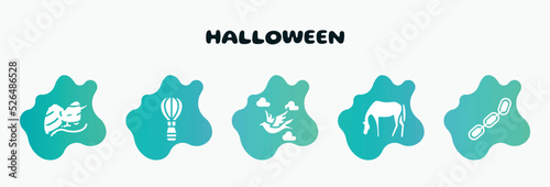 halloween filled icons set. flat icons such as hot air balloon, bird flying between clouds, horse grazing, chains, gummy icon collection. can be used web and mobile.