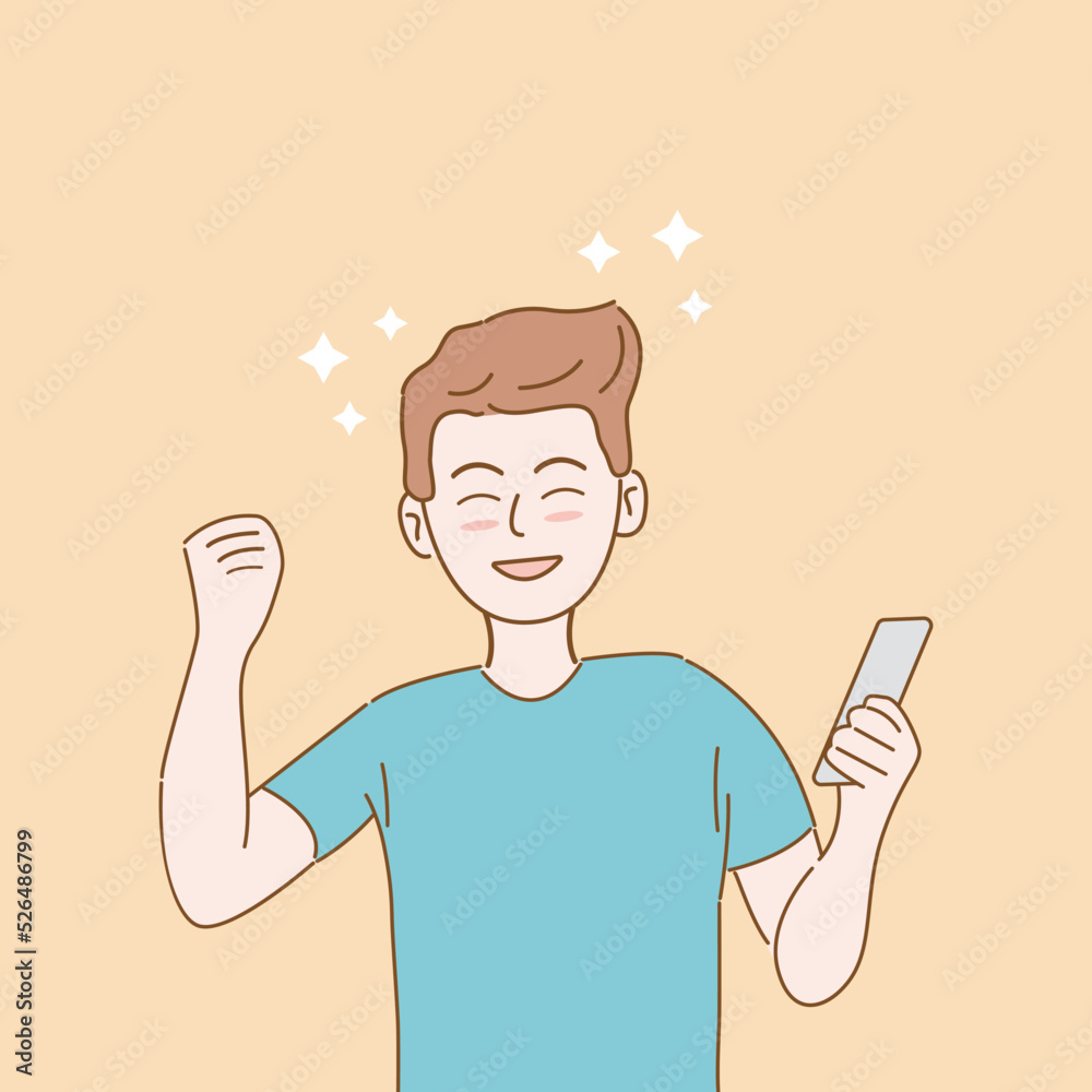 young man standing holding a phone with a happy expression. vector illustrations. young man standing holding a phone with a happy expression. vector illustrations.